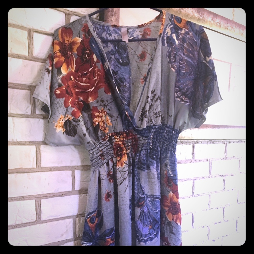 Mayan Blue and Gray Butterfly Flower Dress